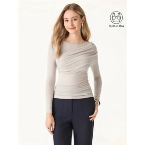 OGL Move Oatmeal Heather Draped Asymmetrical Ruched Tencel Merino Wool Top S NEW